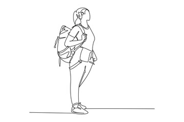 image of a girl using a backpack to go on holiday. holiday minimalist concept. simple line.
