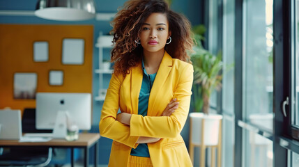 Female entrepreneur wearing yellow suit standing at her office. - Powered by Adobe