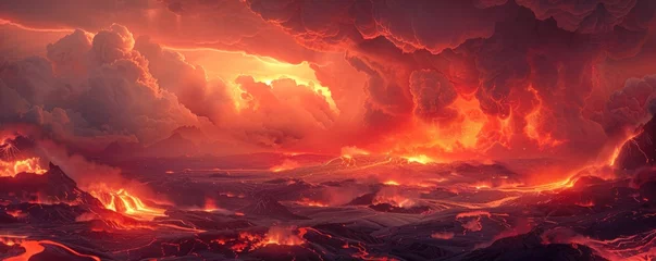 Poster Fiery Power of a Volcano in Eruption, Illuminating the Night Sky with Red-Hot Lava and Glowing Ash. Witnessing the Inferno © Thares2020