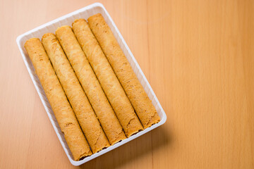 Stack of baked egg roll in the package