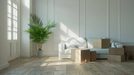 New house or apartment on moving day. Empty room with cardboard boxes, couch and green plant. Real estate concept.