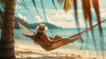 Back view of Happy traveler woman relax in hammock on beach, Summer travel vacation. - obrazy, fototapety, plakaty