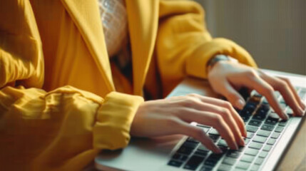 Obraz premium Close-up of hands woman wearing yellow clothes typing on laptop keyboard. Working, Studying, Shopping online concept.