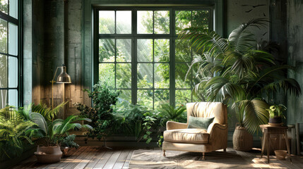 Interior of stylish living room with armchair, plants and lamp.