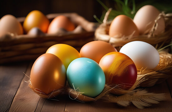 
Easter attributes, painted eggs on the table