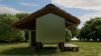 Fototapeta na wymiar A 3D-rendered simple hut with a thatched roof, surrounded by trees located in Southeast Asia.