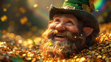 The leprechaun laughs, surrounded by piles and pots of gold in a field of four-leaf clovers.