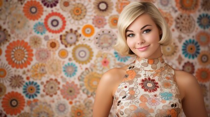 Obraz na płótnie Canvas Portrait smiling blonde girl in dress with floral print on a vibrant and colorful background reminiscent of the 60s era. The cheerful and retro-inspired vintage fashion