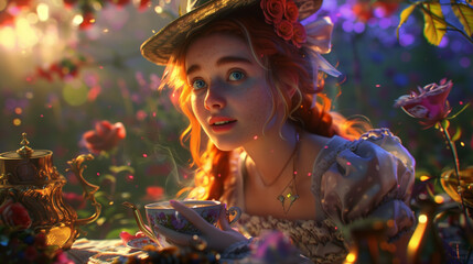 the fantasy victoria girl with a cup of tea in the wonderful garden.