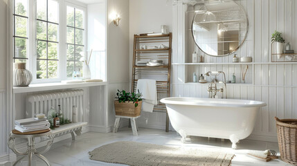 Stylish bathroom interior with heated towel rail and shelving unit.