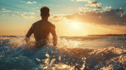 topless turn back man on the beach, sunset on the beach