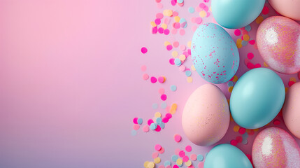 Fototapeta na wymiar pastel pink blue colors Easter Eggs on side border over pink banner background. Copy space, top view