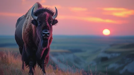 Poster american bison standing ontop a hill as the sun is going down. © Denis