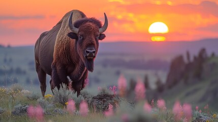 american bison standing ontop a hill as the sun is going down. - obrazy, fototapety, plakaty