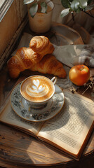  breakfast table with a latte art coffee,  croissant on a ceramic plate, an open book with reading glasses 