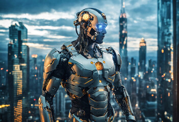 Humanoid robotic human with artificial intelligence on big city background. Concept of artificial intelligence controlling the peaceful life of humanity.