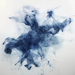 an abstract artwork, blue ink swirling and dissipating on a white surface - obrazy, fototapety, plakaty