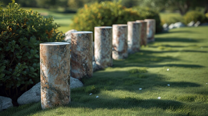 groups of black-veined marble pillars standing vertically on the perfectly flat grass of a golf course - obrazy, fototapety, plakaty