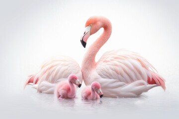 flamingos with their babies on a white background