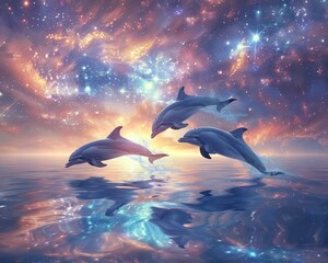 Dolphins Dancing in the Celestial Seas. Amidst a Canvas of Blue Waters and Starlit Skies, Playful Mammals Leap and Dive. Graceful Movements Illuminate the Night