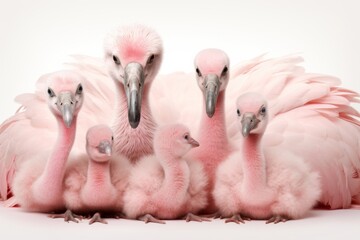 flamingos with their babies on a white background