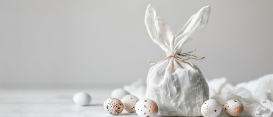 Happy Easter decoration concept holiday greeting card - Fabric gift bag with easter bunny ears and easter eggs on white table