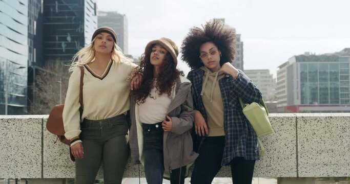 Face, fashion or group of students in city standing together with confidence or diversity ready for commute. Cool women, university friends or portrait of people with pride or trendy swag in New York