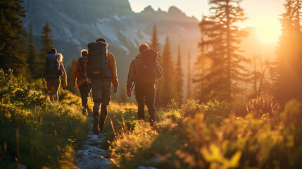 Obraz na płótnie Canvas A group of friends hiking on a mountain trail captured