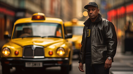 Experienced taxi driver in front of his taxi, waiting for a passenger