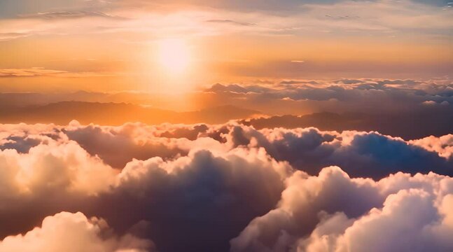 View of clouds during stunning sunset. Time Lapse sky as viewed from airplane windows, aerial view, slow motion footage.
