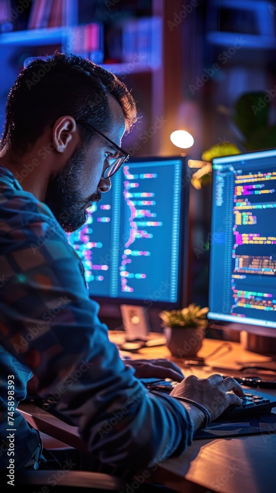 Aufkleber digital workspace. a programmer's domain in the cyber realm. glow of monitors and coding screens, a 