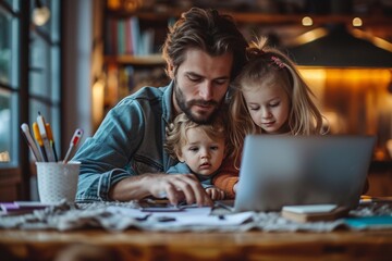 A bearded father multitasks on a laptop while his two children look on with interest