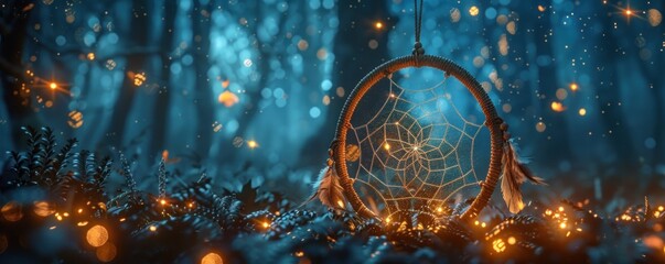 Dreamcatcher Swaying in a Starlit Forest. Immerse Yourself in the Enchanting Glow of the Night as the Light Dances Through the Trees - obrazy, fototapety, plakaty