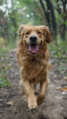 Obraz premium Joyful Golden Retriever Frolicking in the Meadow. A Portrait of Canine Happiness. Against the Lush Green Grass and Vibrant Flowers of Spring