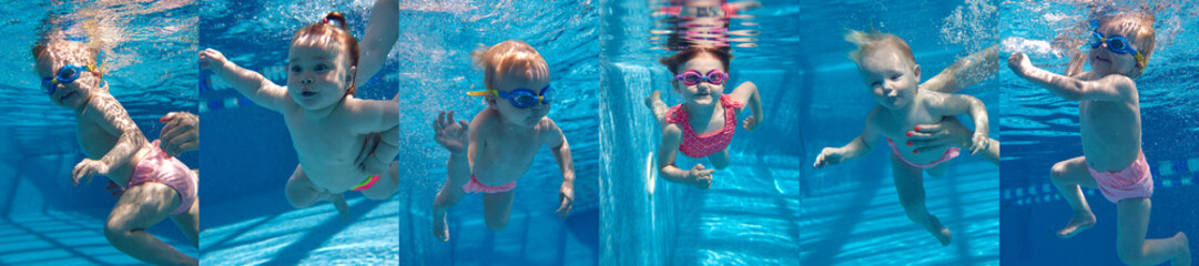 Collage made of babies swimming underwater in pool with teacher. Sport and health. Concept of...