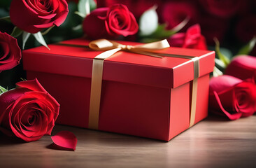 red gift box with a gold bow surrounded by red roses