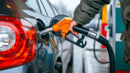 A Close-up Image of a Hand Filling up a Car. - obrazy, fototapety, plakaty