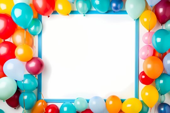Various-sized balloons form a vibrant border, encircling an empty birthday frame, creating a visual prelude to the upcoming photographic celebration in high definition.