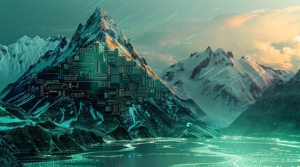 A unique blend of technology and nature, this image features a city resembling a circuit board nestled into the snowy peaks of a mountain range.