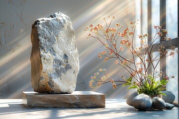 E-commerce, stone pedestal in modern photo studio, stage for cosmetic product with plant shadows in the background.