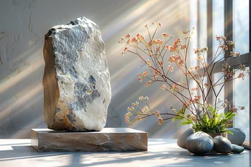 Fototapete Rund E-commerce, stone pedestal in modern photo studio, stage for cosmetic product with plant shadows in the background. © Denis