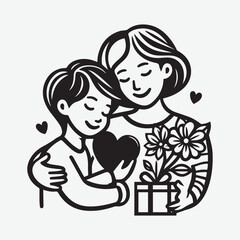 Mother and Kids Vector Illustration. Mom Holding Her Child and Suspires Gift Silhouette  