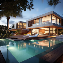 Fototapeta premium Villa de luxe avec piscine et terrasse moderne.