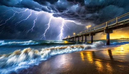 Raamstickers Lightning over the beach with pier Stormy weather  © The Perfect Moment