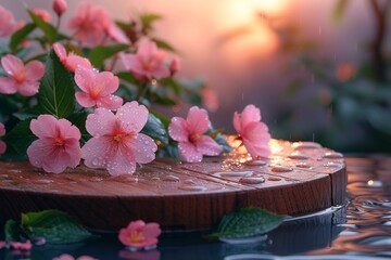 empty round podium for product on wooden wet surface, pink flowers with raindrops on the petals, mint leaves