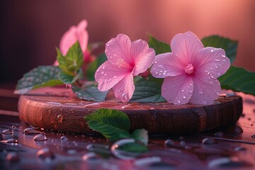 Obraz na płótnie Canvas empty round podium for product on wooden wet surface, pink flowers with raindrops on the petals, mint leaves