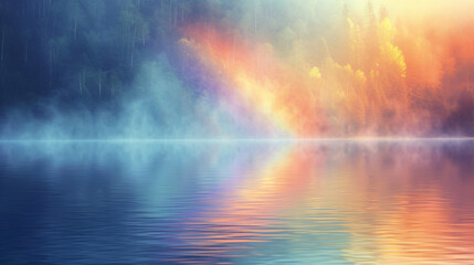 A peaceful morning view with a faint rainbow. - obrazy, fototapety, plakaty