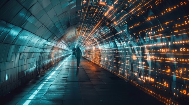 A lone figure walks down a futuristic tunnel illuminated by patterns of glowing digital code, symbolizing the intersection of reality and virtual worlds. © doraclub