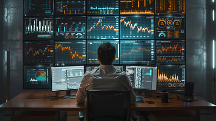 Financial Analysts and Day Traders Working on a Computers with Multi-Monitor Workstations with Real-Time Stocks,Commodities and Exchange Market Charts. Team of Brokers at Work in Agency
