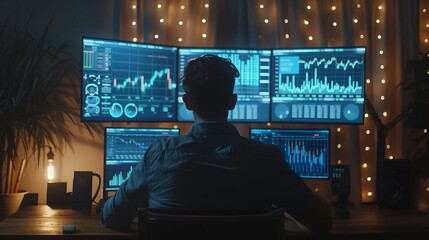 Financial Analysts and Day Traders Working on a Computers with Multi-Monitor Workstations with Real-Time Stocks,Commodities and Exchange Market Charts. Team of Brokers at Work in Agency